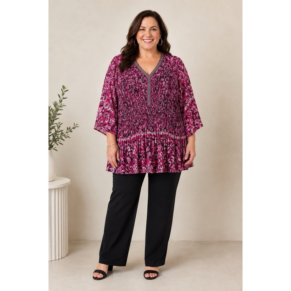 Catherines 3X Pink Black Batik Pleated Blouse Beaded V-Neck Plus Size Top